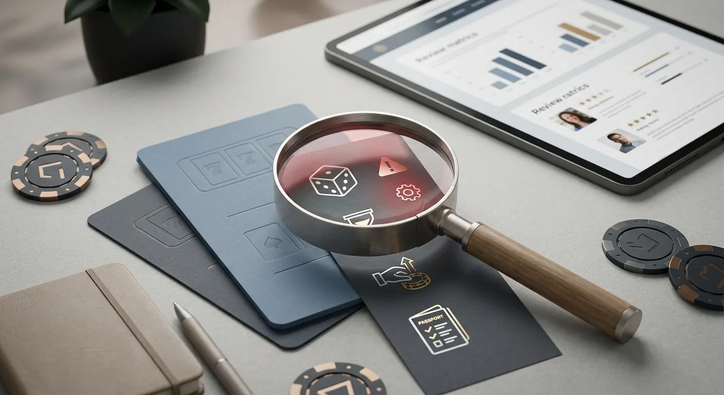Illustration of bonus cards and a terms checklist being reviewed with a magnifying glass