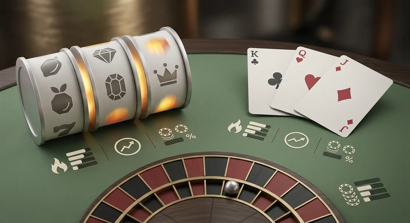 Illustration of slot reels next to generic blackjack and roulette game elements